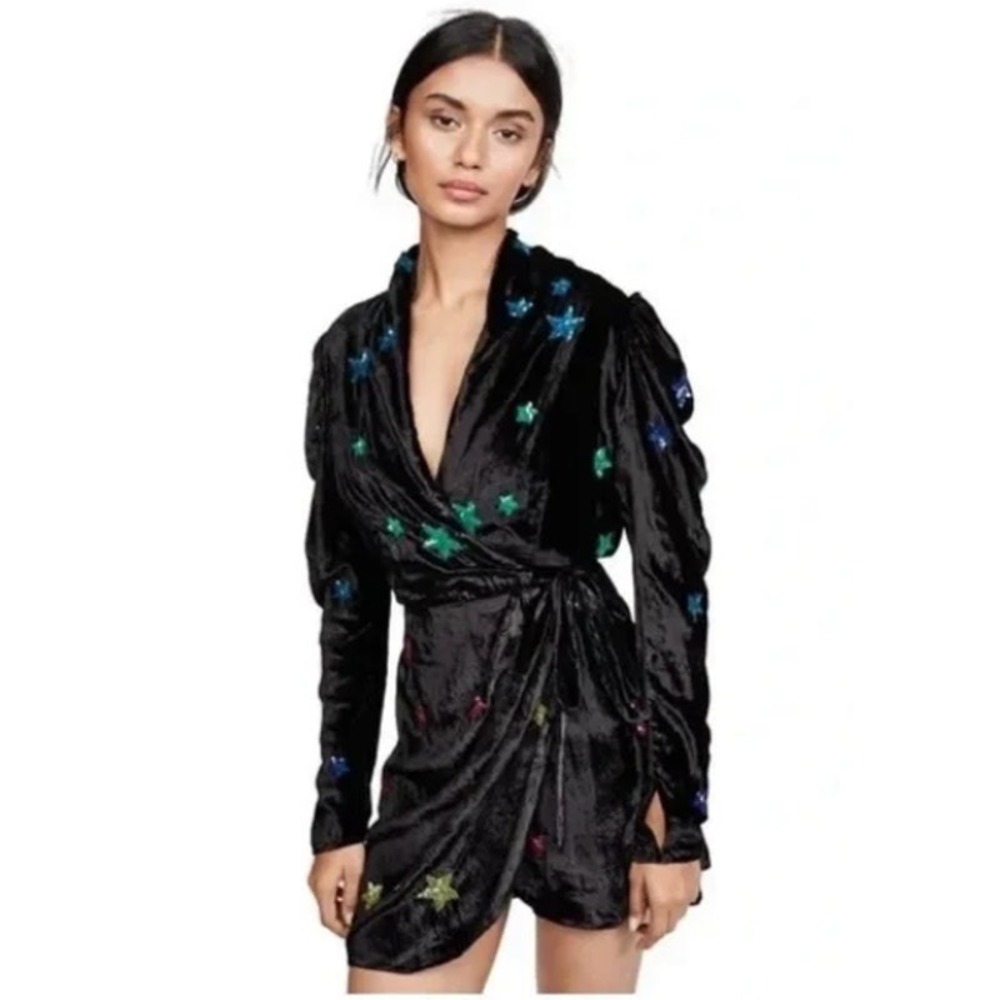 Rococo Sand Mini‎ Dress in Black Velvet Embellished Rainbow Sequin Stars Size XS